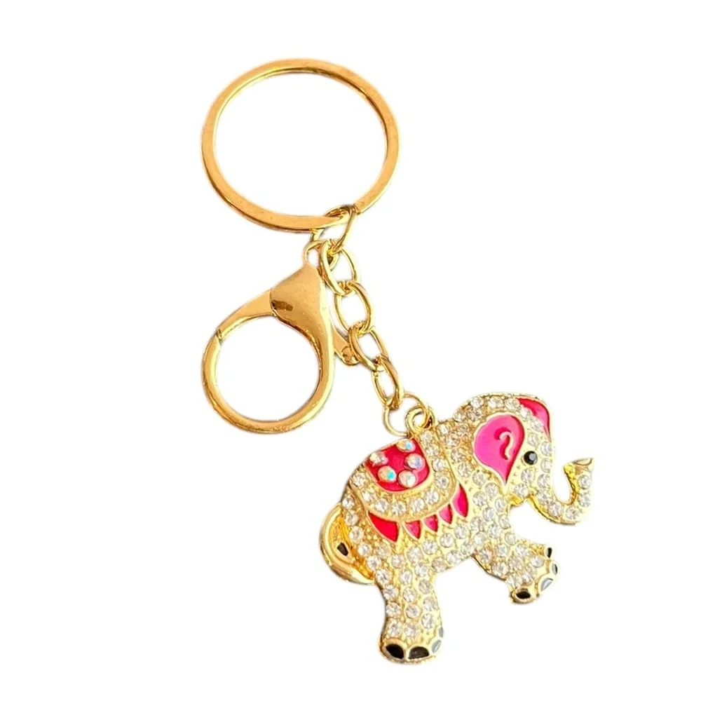 Women's Gold Pink Clear Elephant Rhinestone Crystal Charm Key Chain 4